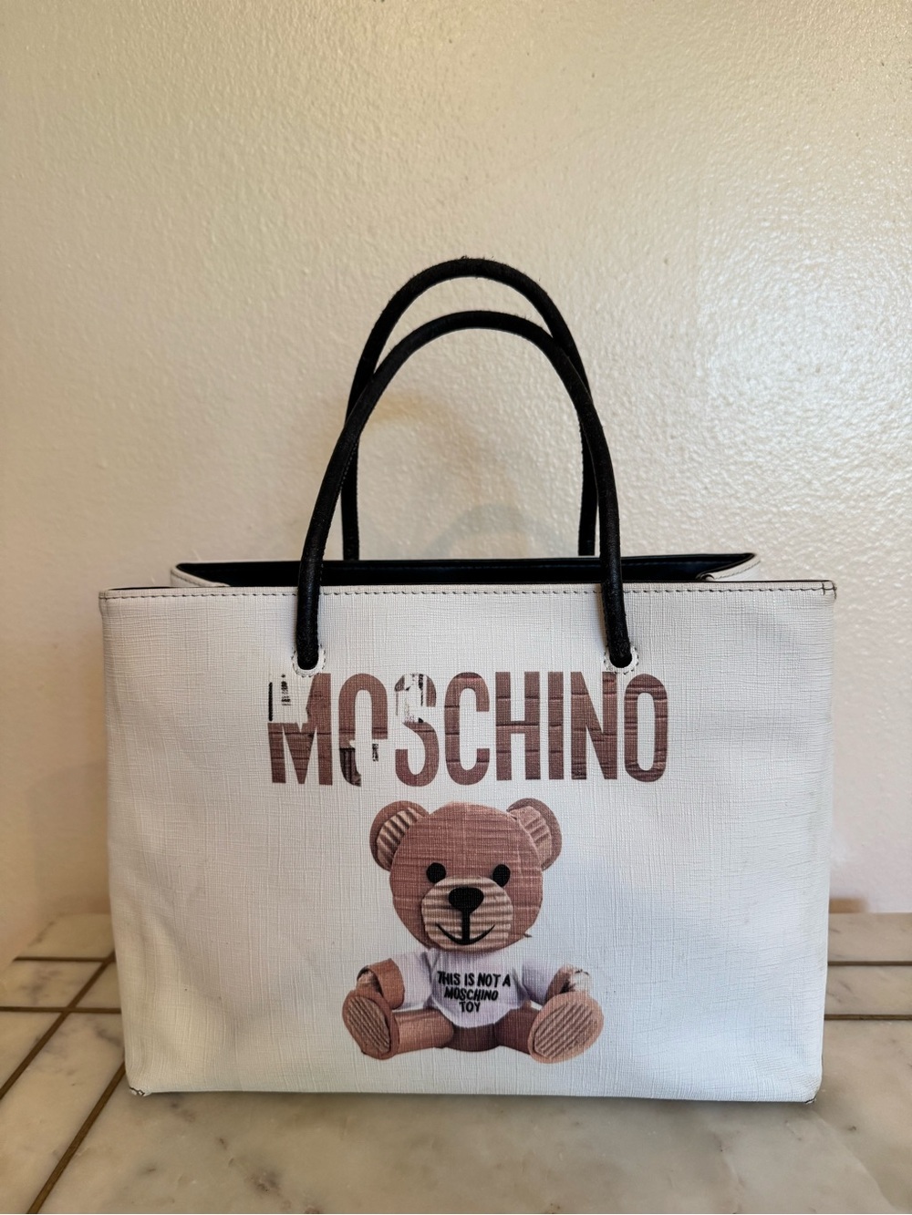 Moschino White Tote with Brown Teddy Bear and Black Handles